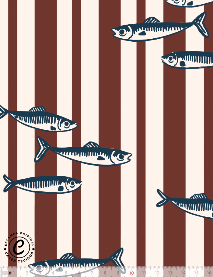 Tecido Tricoline Especial Coleção Frutos do Mar - Cardume de Sardinhas - 100% Algodão - Largura 1,50m 