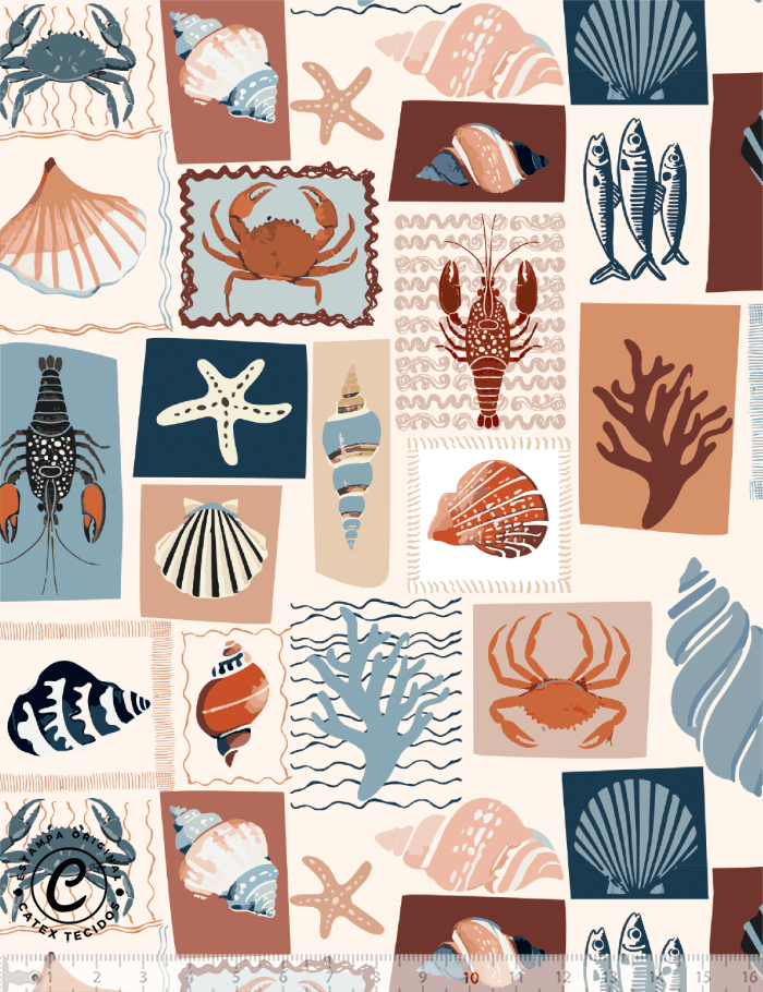 Tecido Tricoline Especial Coleção Frutos do Mar - Cartão Postal do Mar - 100% Algodão - Largura 1,50m