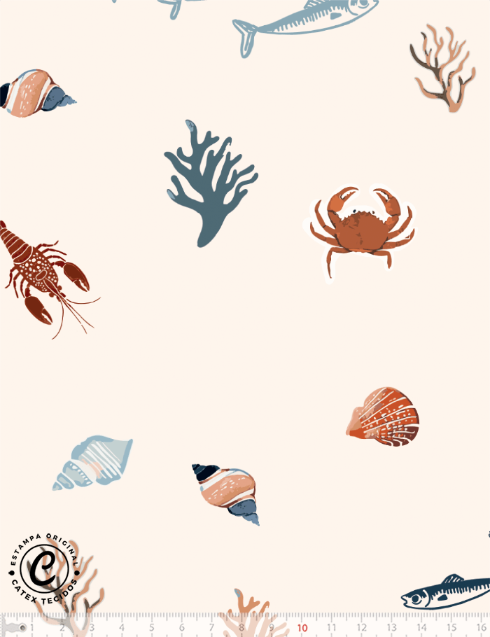 Tecido Tricoline Especial Coleção Frutos do Mar - Praia - 100% Algodão - Largura 1,50m
