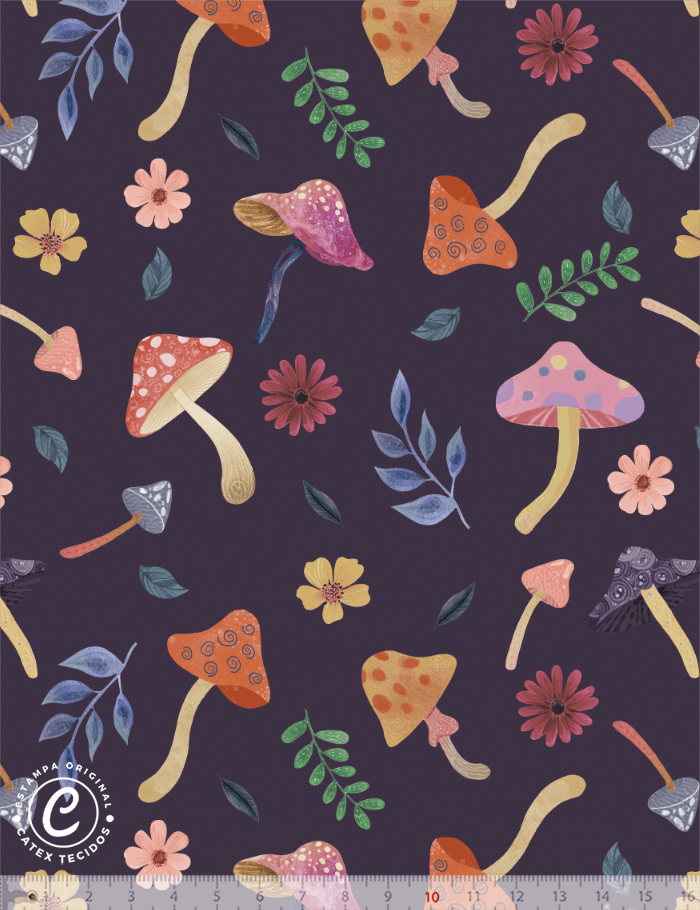 Tecido Tricoline Especial Coleção Fungi Pop – Cogumelos Noturnos - 100% Algodão - Largura 1,50m