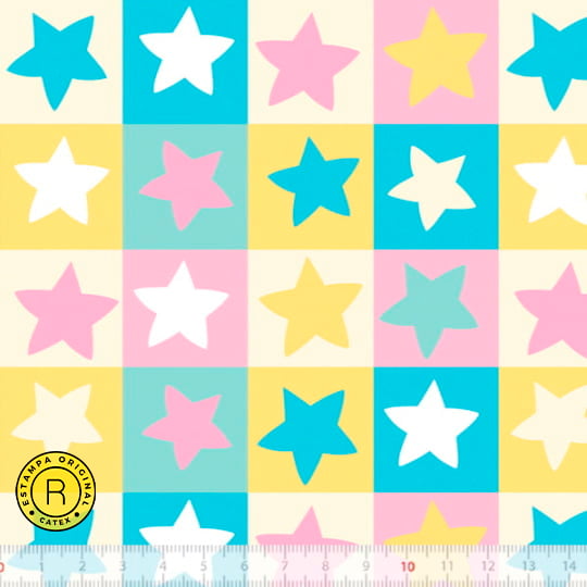 Tecido Tricoline Especial Coleção Happy Sweets - Quadriculado de Estrelas - 100% Algodão - Largura 1,50m