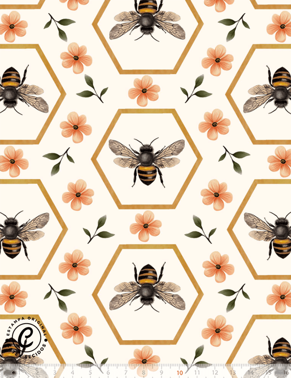 Tecido Tricoline Especial Coleção Honey Bee - Beehive Charm -  100% Algodão - Largura 1,50m
