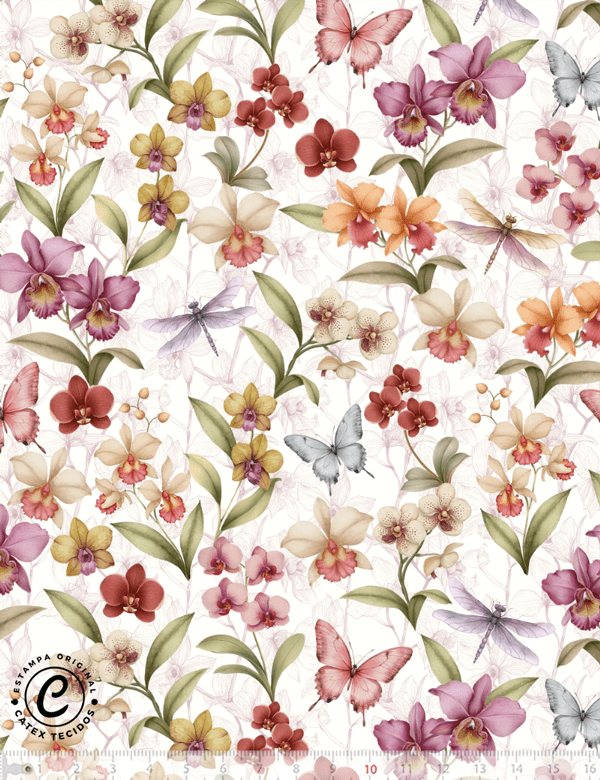 Tecido Tricoline Especial Coleção Jardim das Orquídeas - Orquidário Encantado - 100% Algodão - Largura 1,50m