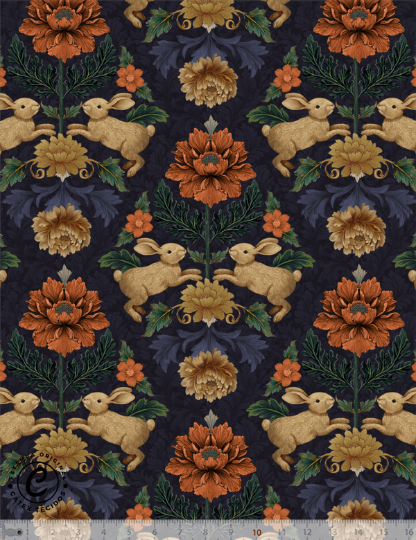 Tecido Tricoline Especial Coleção Páscoa Jardim Imperial – Damask Floral & Coelhos - 100% Algodão - Largura 1,50m
