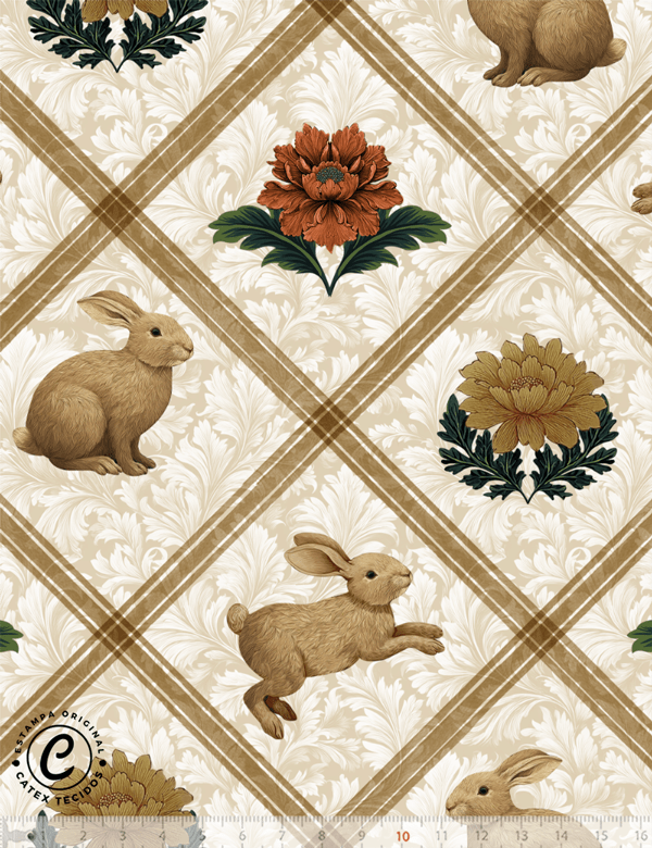 Tecido Tricoline Especial Coleção Páscoa  Jardim Imperial – Treliça Imperial & Coelhos - 100% Algodão - Largura 1,50m