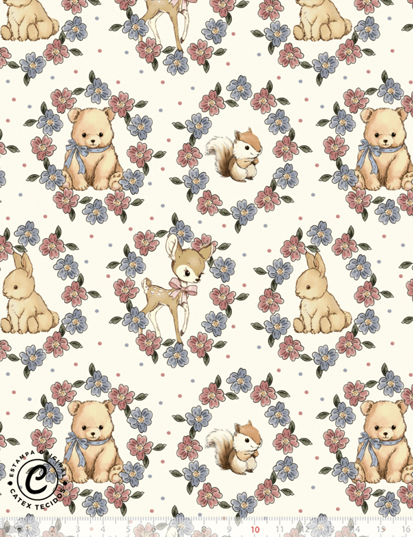 Tecido Tricoline Especial Coleção Jardim Vintage - Bichinhos no Jardim Floral - 100% Algodão - Largura 1,50m