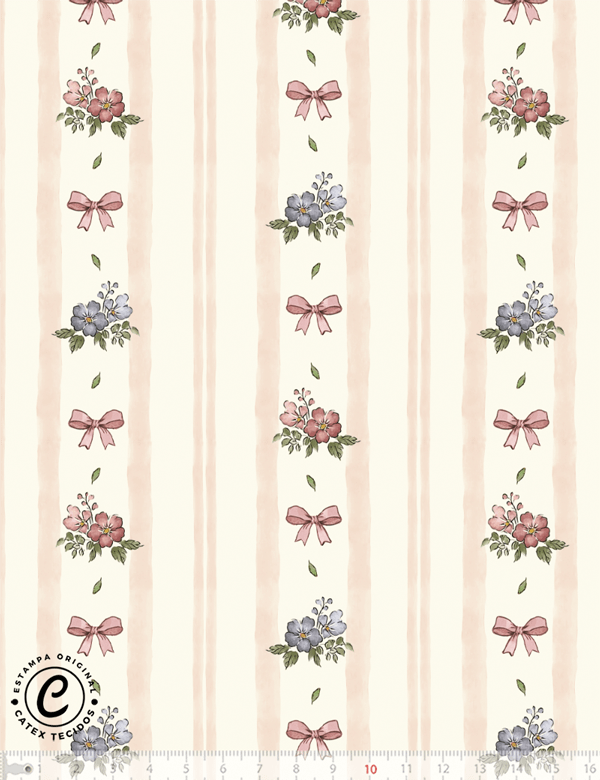Tecido Tricoline Especial Coleção Jardim Vintage - Listras Bouquet e Laços - 100% Algodão - Largura 1,50m