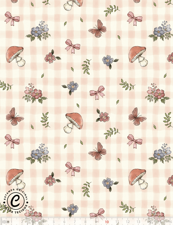 Tecido Tricoline Especial Coleção Jardim Vintage - Xadrez Cogumelos e Borboletas - 100% Algodão - Largura 1,50m