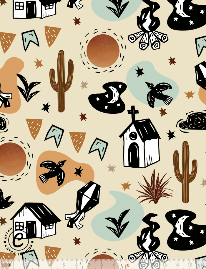  Tecido Tricoline Especial Coleção Nosso Arraiá – Xilo do Sertão - 100% Algodão - Largura 1,50m