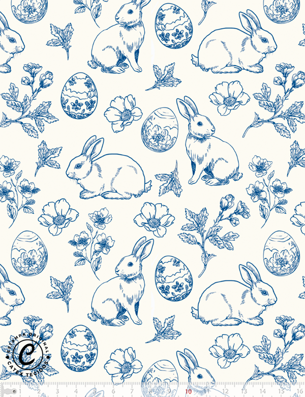 Tecido Tricoline Especial Coleção Páscoa Toile de Jouy - Coelhos & Ovos - 100% Algodão - Largura 1,50m
