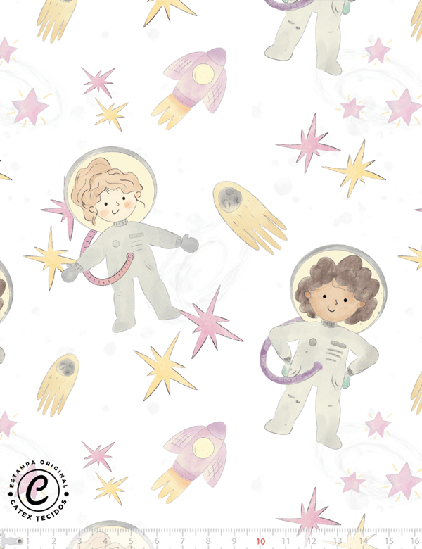 Tecido Tricoline Especial Coleção Pequenos Astronautas - Meninas do Espaço - 100% Algodão - Largura 1,50m