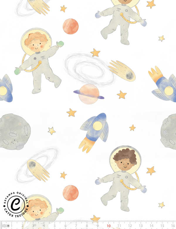 Tecido Tricoline Especial Coleção Pequenos Astronautas - Meninos do Espaço - 100% Algodão - Largura 1,50m