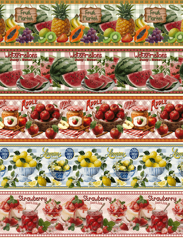 Tecido Tricoline Especial Coleção Quitanda Gourmet - Barrado - 100% Algodão - Largura 1,50m