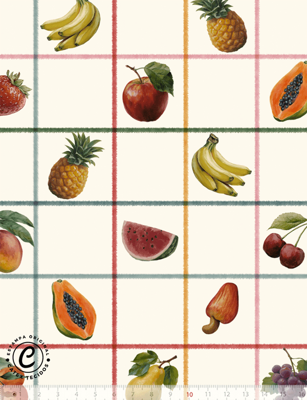 Tecido Tricoline Especial Coleção Quitanda Gourmet - Frutas Grid - 100% Algodão - Largura 1,50m