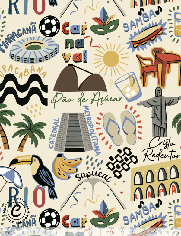 Tecido Tricoline Especial Coleção Rio - Postais do Rio - Areia - 100% Algodão - Largura 1,50m
