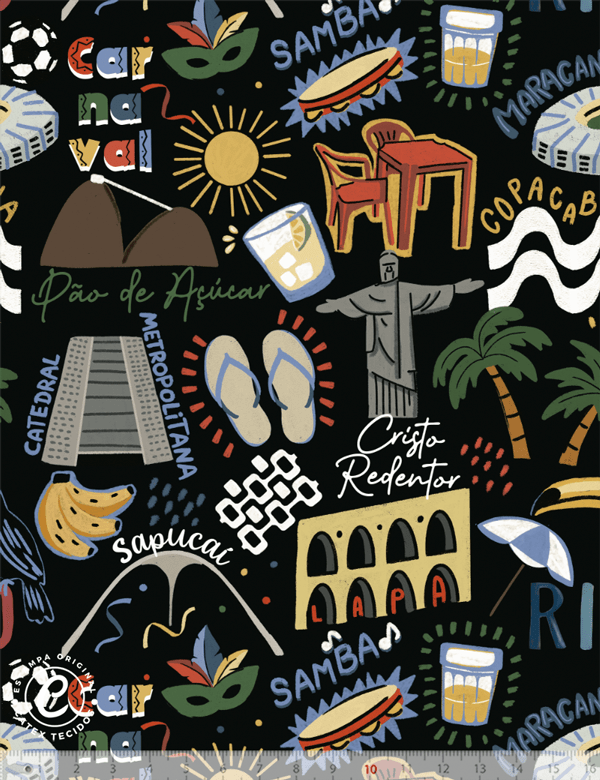 Tecido Tricoline Especial Coleção Rio - Postais do Rio - Noite - 100% Algodão - Largura 1,50m