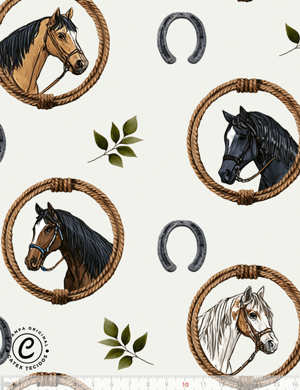 Tecido Tricoline Especial Country Cavalos e Laços - 100% Algodão - Largura 1,50m
