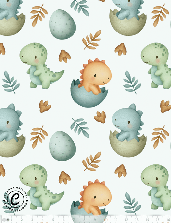 Tecido Tricoline Especial Dino Baby Aquarela - 100% Algodão - Largura 1,50m