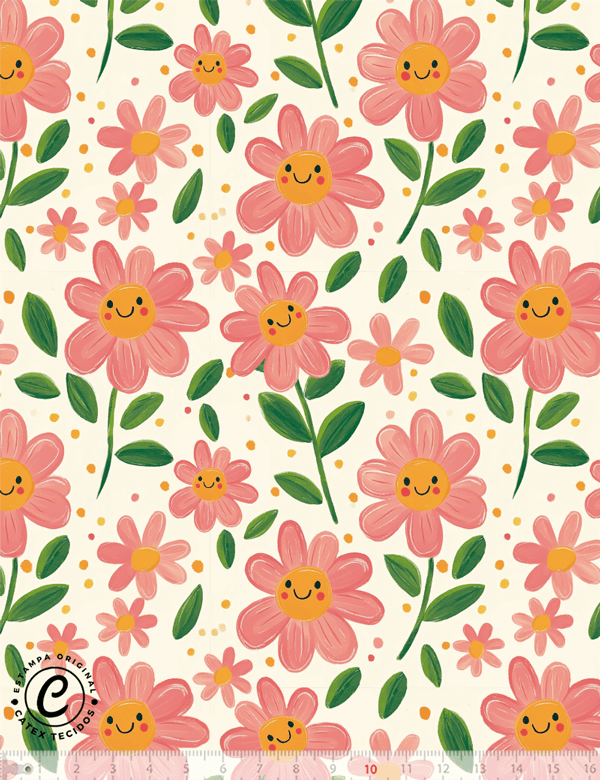 Tecido Tricoline Especial Infantil - Flor Sorridente - 100% Algodão - Largura 1,50m