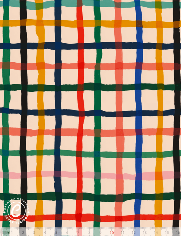 Tecido Tricoline Especial Linha Colorful Catex - Grid Pincel Colorê - Algodão - Largura 1,50m