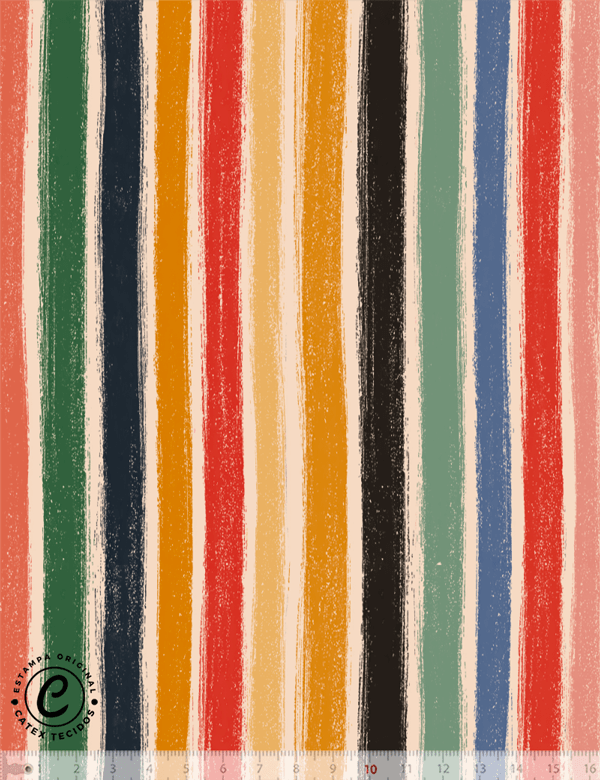 Tecido Tricoline Especial Linha Colorful Catex - Listra Pincel Colorê - Algodão - Largura 1,50m