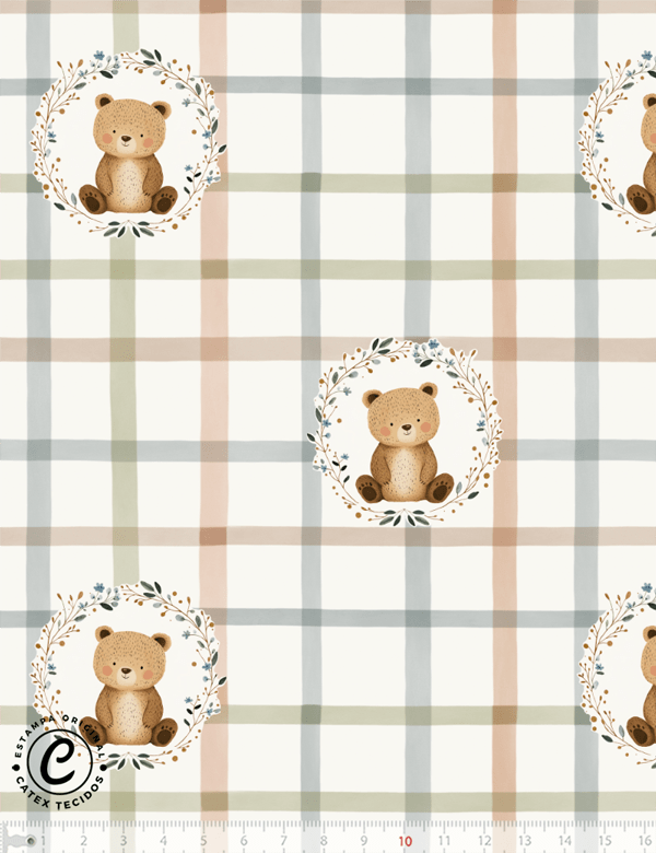 Tecido Tricoline Especial Pequeno Urso - Xadrez - 100% Algodão - Largura 1,50m
