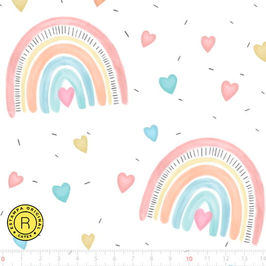 Tecido Tricoline Especial Rainbow Hearts Candy Colors - 100% Algodão - Largura 1,50m
