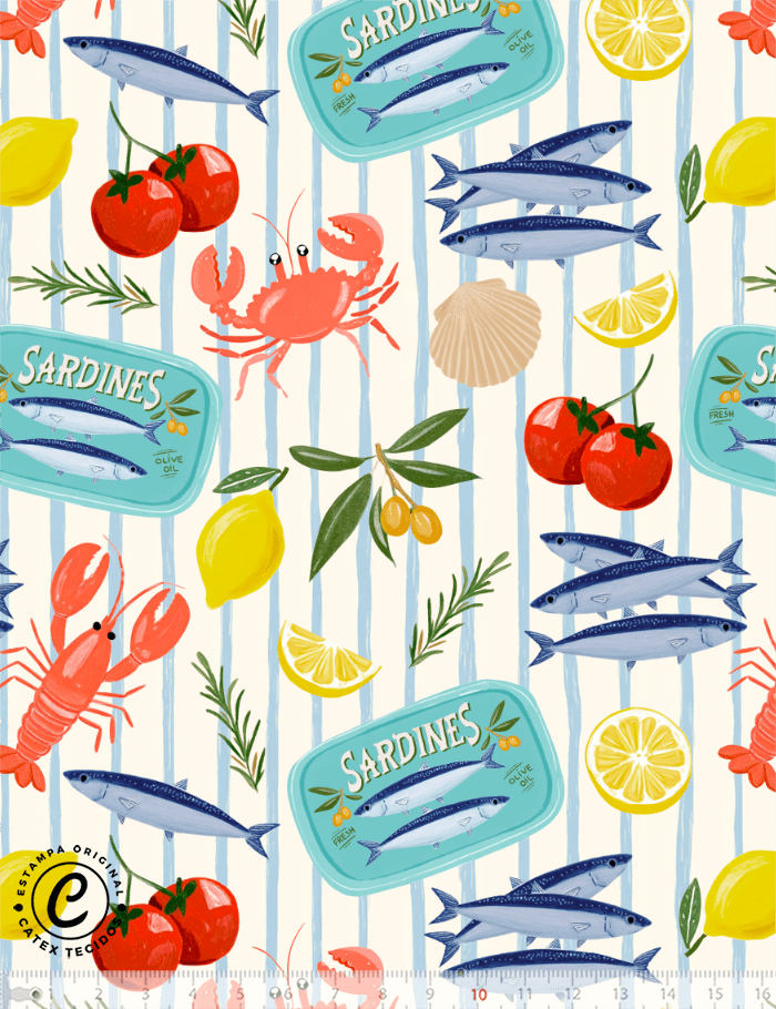 Tecido Tricoline Especial Sardines - Sardinha Pop - 100% Algodão - Largura 1,50m