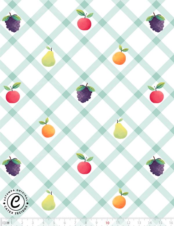 Tecido Tricoline Especial Xadrez Diagonal Frutas - 100% Algodão - Largura 1,50m
