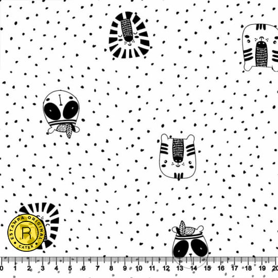 Tecido Tricoline Coleção Funny Black & White - Bichinhos Splash - 100% Algodão - Largura 1,50m