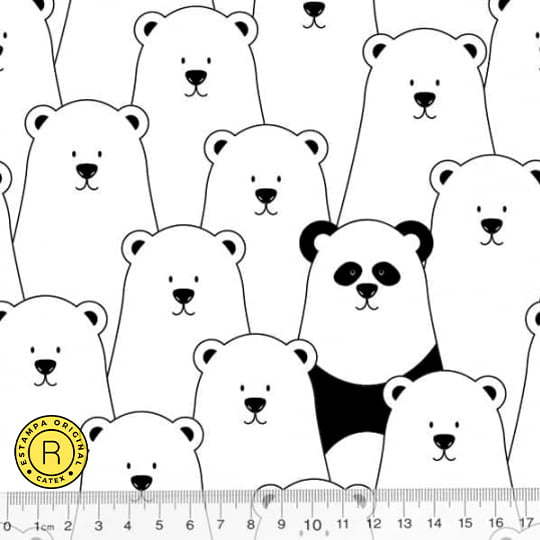 Tecido Tricoline Coleção Funny Black & White - Urso Polar - 100% Algodão - Largura 1,50m