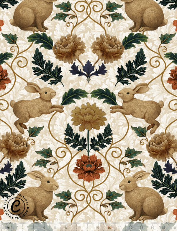 Tecido Tricoline Especial Coleção Páscoa Jardim Imperial – Arabescos Dourados & Coelhos - 100% Algodão - Largura 1,50m