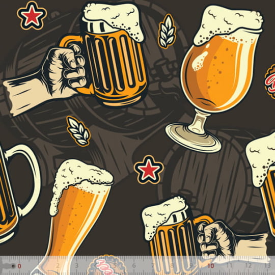 Tecido Tricoline Especial Cervejas Happy Hour - Preto - 100% Algodão - Largura 1,50m