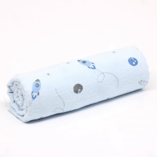 Tecido Flanela Baby - Foguetes no Espaço - Azul - 100% Algodão - Largura: 80cm