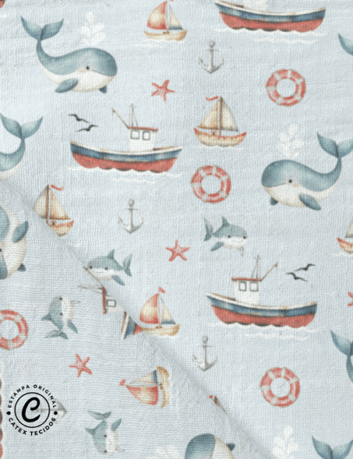 Tecido Fralda Estampada - Baleia em Alto Mar - 100% Algodão - 70cm x 70cm