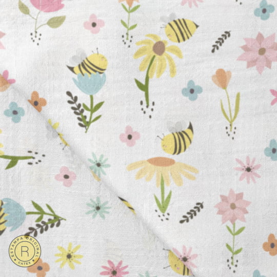 Tecido Fralda Estampada - Coleção Bee Happy - Abelhas no Jardim - 100% Algodão - 70cm x 70cm