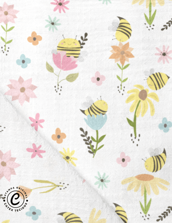 Tecido Fralda Estampada - Coleção Bee Happy - Abelhas no Jardim - 100% Algodão - 70cm x 70cm