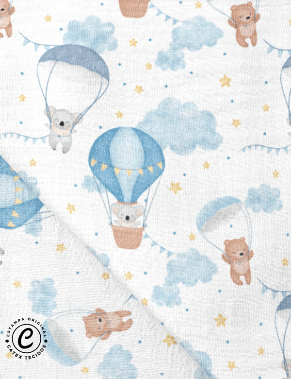 Tecido Fralda Estampada - Coleção Bichinhos nas Nuvens - Balões e Paraquedas Azul - 100% Algodão - 70cm x 70cm