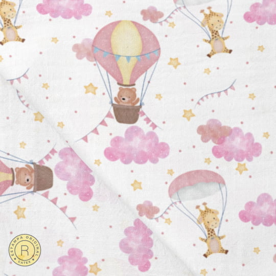 Tecido Fralda Estampada - Coleção Bichinhos nas Nuvens - Balões e Paraquedas Rosa - 100% Algodão - 70cm x 70cm