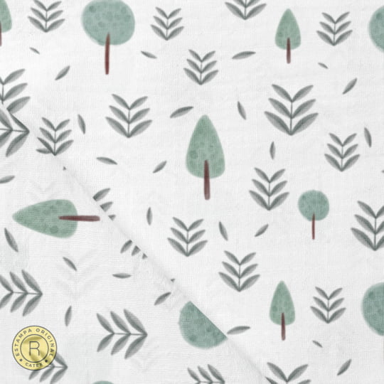 Tecido Fralda Estampada - Coleção Boho Baby - Árvores no Bosque - 100% Algodão - 70cm x 70cm