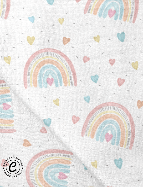 Tecido Fralda Estampada - Rainbow Hearts Candy Colors - 100% Algodão - 70cm x 70cm