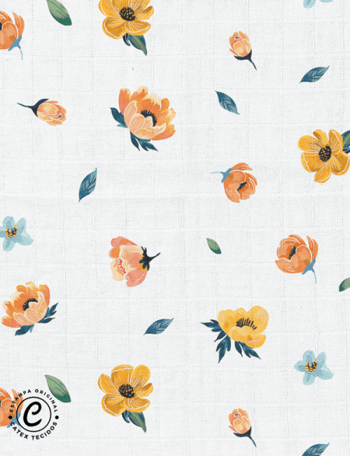 Tecido Fralda Quadriculada Estampada - Coleção Cores da Primavera - Floral Simplicidade - 100% Algodão - 70cm x 70cm