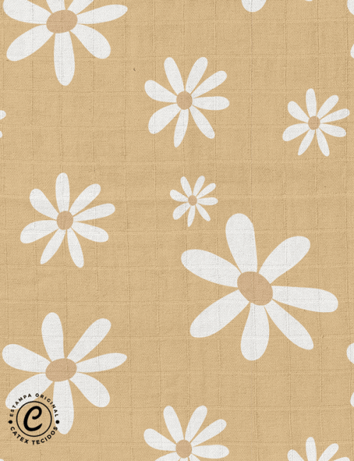 Tecido Fralda Quadriculada Estampada - Coleção Fazenda Feliz - Margaridas - Mostarda - 100% Algodão - 70cm x 70cm