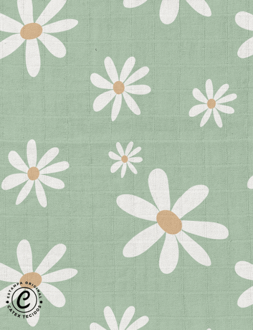 Tecido Fralda Quadriculada Estampada - Coleção Fazenda Feliz - Margaridas - Verde - 100% Algodão - 70cm x 70cm