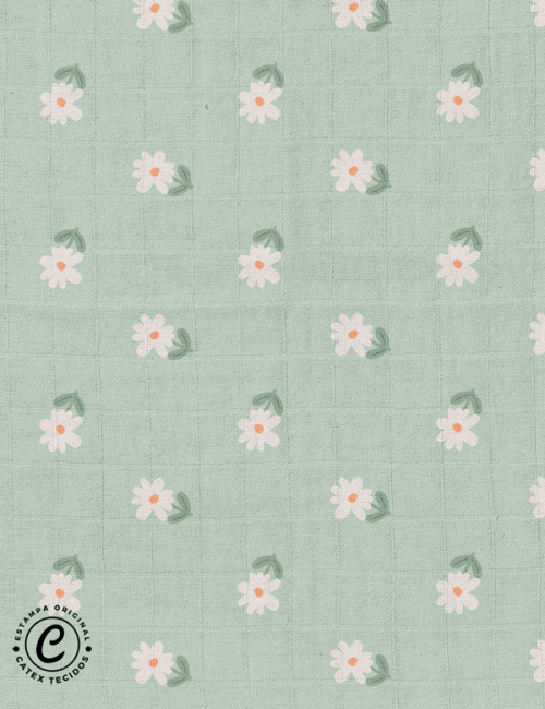 Tecido Fralda Quadriculada Estampada - Coleção Outono na Floresta - Floral - Fundo Verde - 100% Algodão - 70cm x 70cm