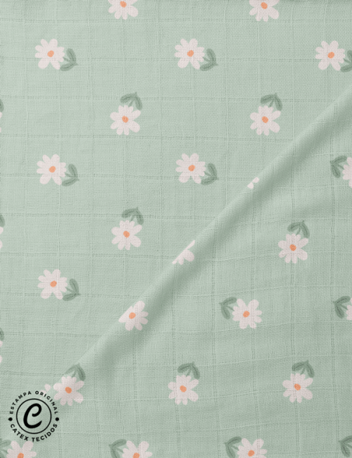 Tecido Fralda Quadriculada Estampada - Coleção Outono na Floresta - Floral - Fundo Verde - 100% Algodão - 70cm x 70cm