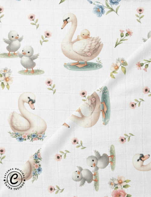 Tecido Fralda Quadriculada Estampada - Mãe Cisne - 100% Algodão - 70cm x 70cm