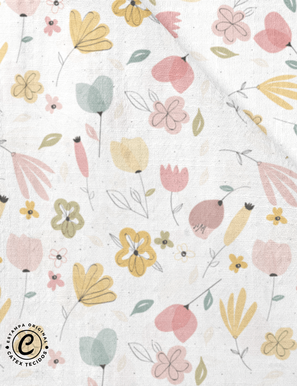 Tecido Toalha Fralda Estampada - Coleção Coelhinhos e Flores - Floral - 100% Algodão - 100cm x 70cm