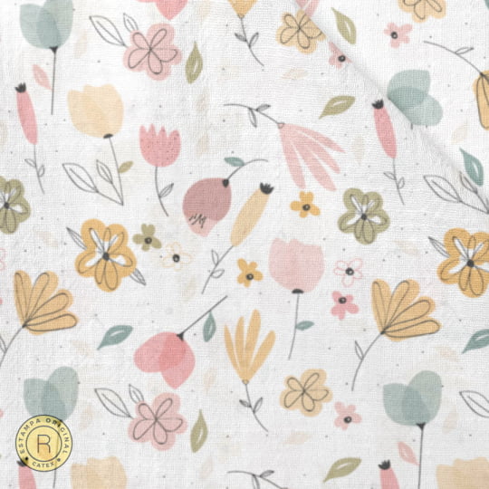Tecido Toalha Fralda Estampada - Coleção Coelhinhos e Flores - Floral - 100% Algodão - 100cm x 70cm