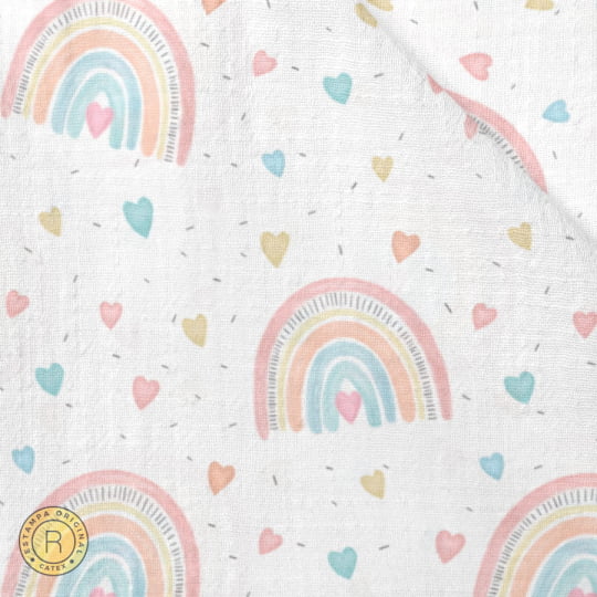 Tecido Toalha Fralda Estampada - Rainbow Hearts Candy Colors - 100% Algodão - 100cm x 70cm